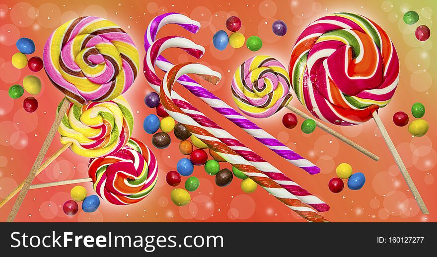 Candy background. Sweets on a yellow background