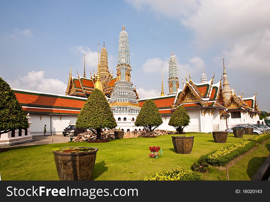 Famous Prangs in the Grand Palace in Bangkok in the temple area of the emerald buddha