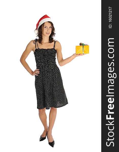 Pretty woman in dress holding christmas present. Pretty woman in dress holding christmas present