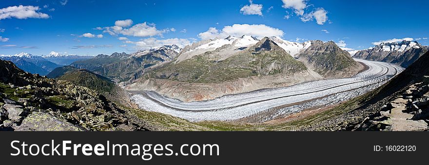 The Aletsch glacier from Switzerland is the largest glacier in the Alps. It has a length of about 23 km and covers more than 120 square kilometers. The Aletsch glacier from Switzerland is the largest glacier in the Alps. It has a length of about 23 km and covers more than 120 square kilometers.