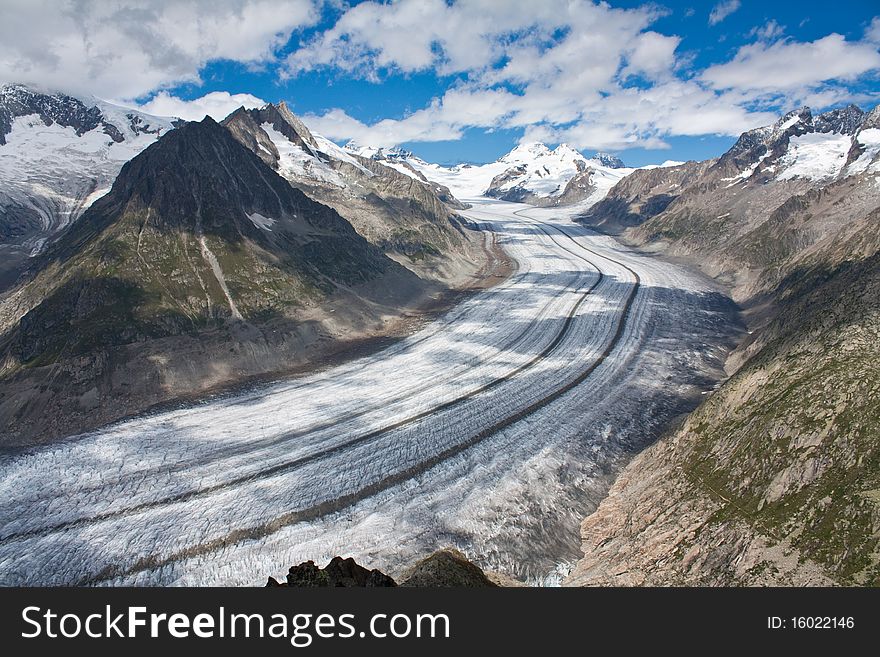 The Aletsch glacier from Switzerland is the largest glacier in the Alps. It has a length of about 23 km and covers more than 120 square kilometers. The Aletsch glacier from Switzerland is the largest glacier in the Alps. It has a length of about 23 km and covers more than 120 square kilometers.