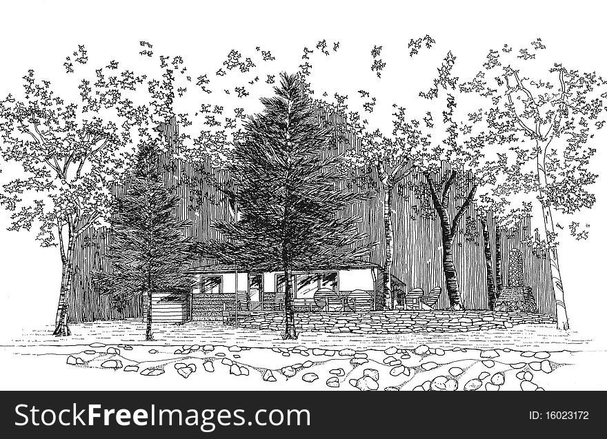 Pen and Ink hand drawn of my cottage - Drawn in the mid eighties - Fenleon Falls, Ontario. Pen and Ink hand drawn of my cottage - Drawn in the mid eighties - Fenleon Falls, Ontario