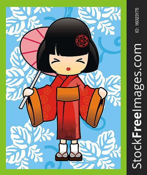 Japanese Girl in Red Kimono Vector