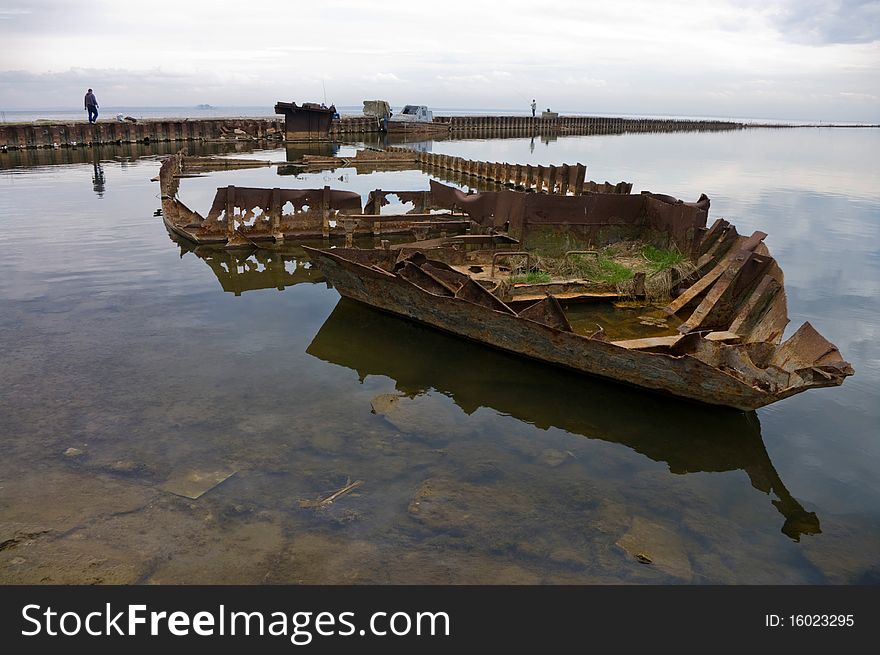 Rusty skeleton of a ship