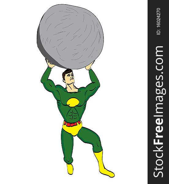 Illustration of a Superhero carrying a heavy rock. Illustration of a Superhero carrying a heavy rock