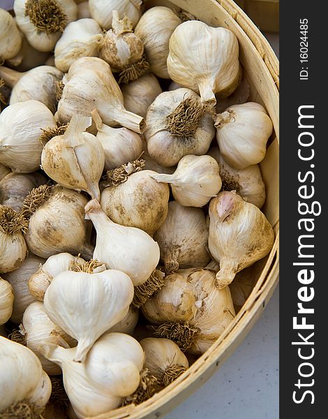 Basket of Garlic Bulbs at a farmer's market