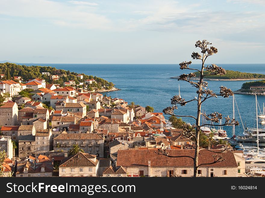 Skyline of Hvar, Croatia at sunset