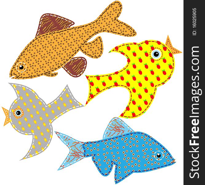 Applications in the form of fishes and birds from a fabric. Vector illustration