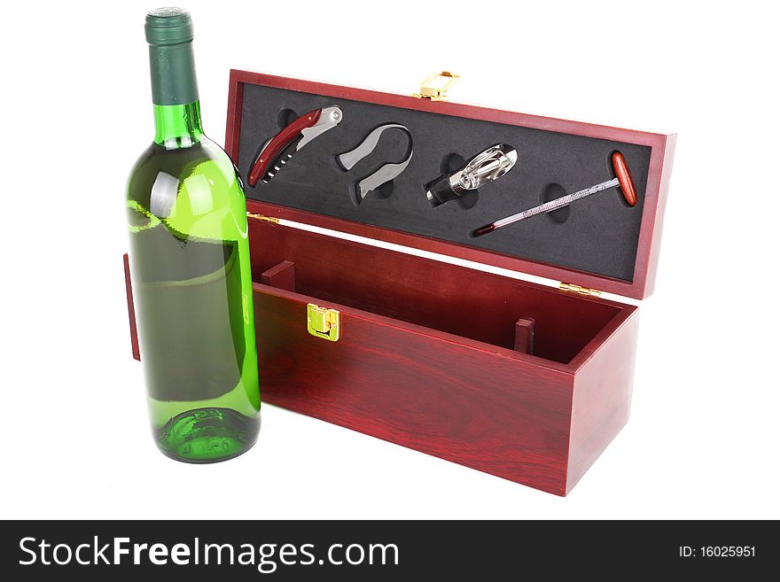 Bottle of white wine and sommelier set