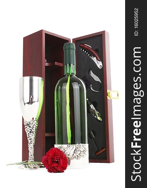 Series. A bottle of white wine and sommelier set