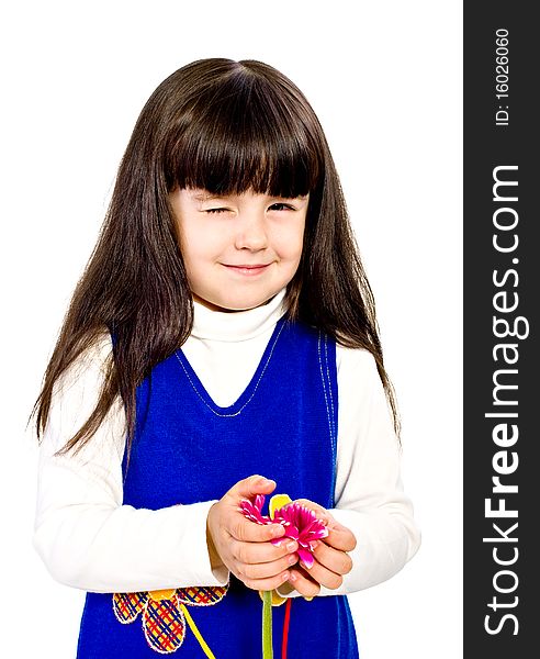 Little girl with red gerber flower.  isolated