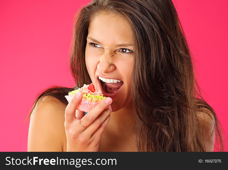 Cute young girl wanted tasty cake badly. Cute young girl wanted tasty cake badly