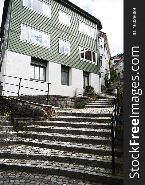 Stairs on street of Bergen city