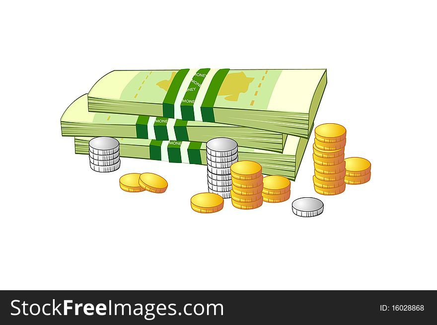 Bundles of paper money and coins of gold and silver