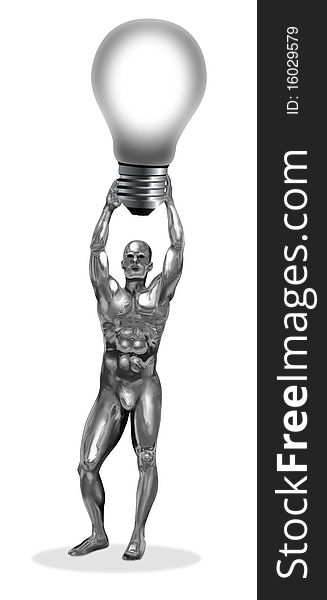 An illustration of a chrome man holding a bulb. An illustration of a chrome man holding a bulb