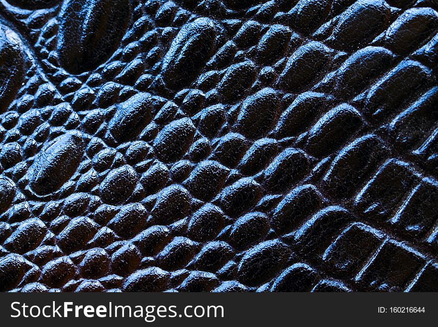 Black crocodile skin closeup. Copy space. Macro shot.