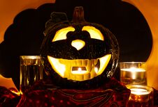 Halloween Pumpkin, Scary Jack O`Lantern On Black Cloud Background Stock Photos