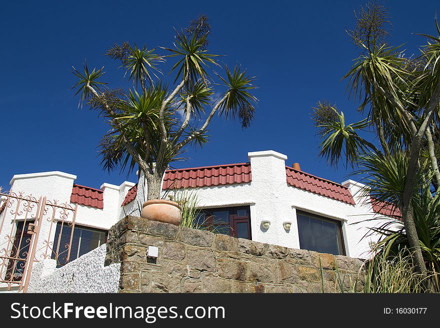 Exotic plants surround seaside home on coast of Jersey. Exotic plants surround seaside home on coast of Jersey