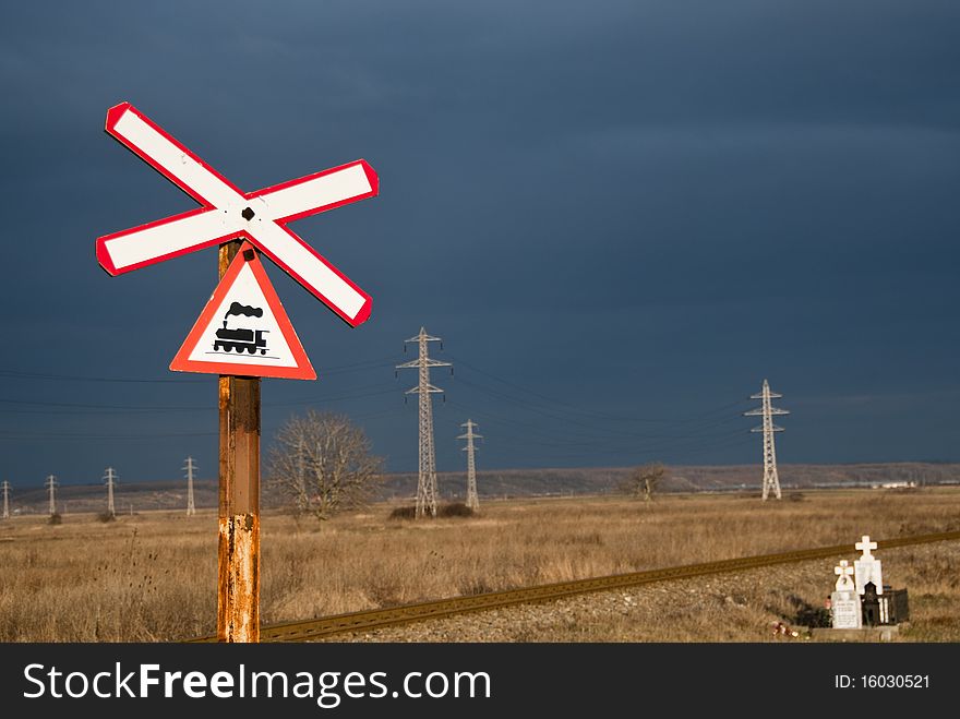 The railway crossing danger warning. The railway crossing danger warning