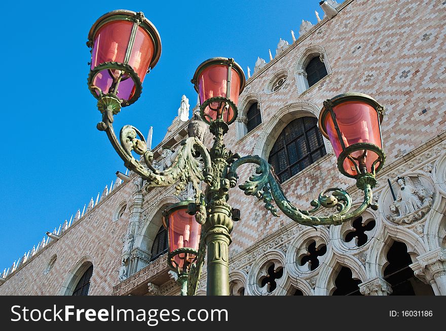 Streetlamp in front of Palazzo Ducale building located at Venice, Italy