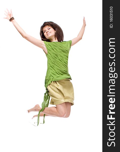 Jumping, smile girl on white background. Jumping, smile girl on white background