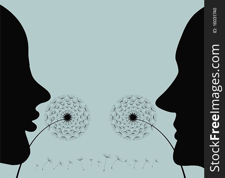 Silhouette of the man and the woman, blowing on a dandelion
