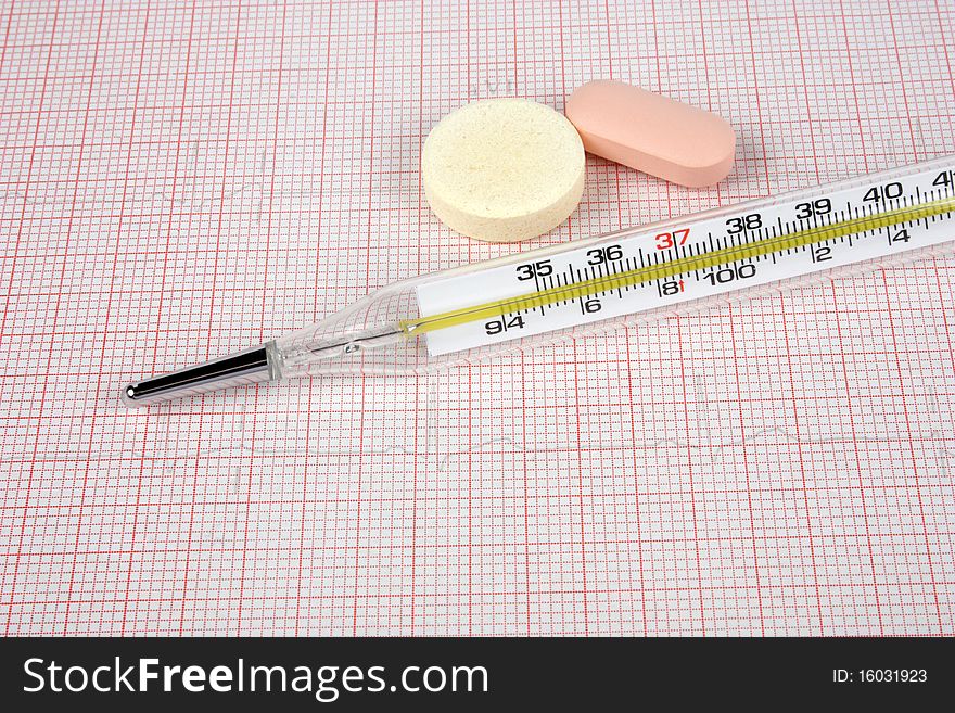 Medical thermometer with medicine on a ECG report