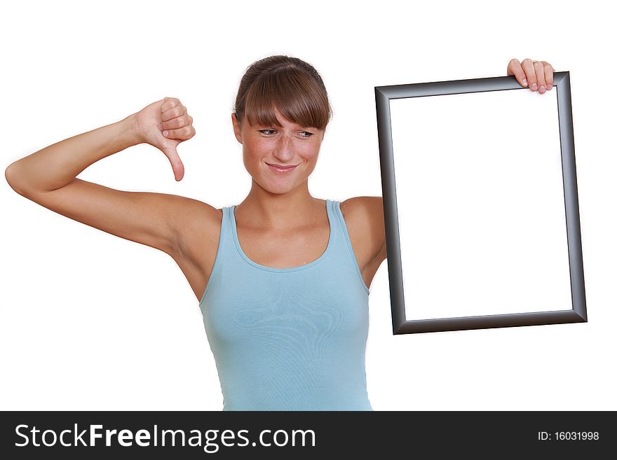 Unhappy woman with picture frame on a white background