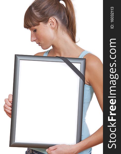 Sad woman holding empty picture frame with black band isolated on white