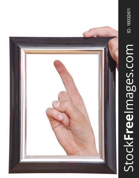 Hand in picture frame - isolated on white background. Hand in picture frame - isolated on white background