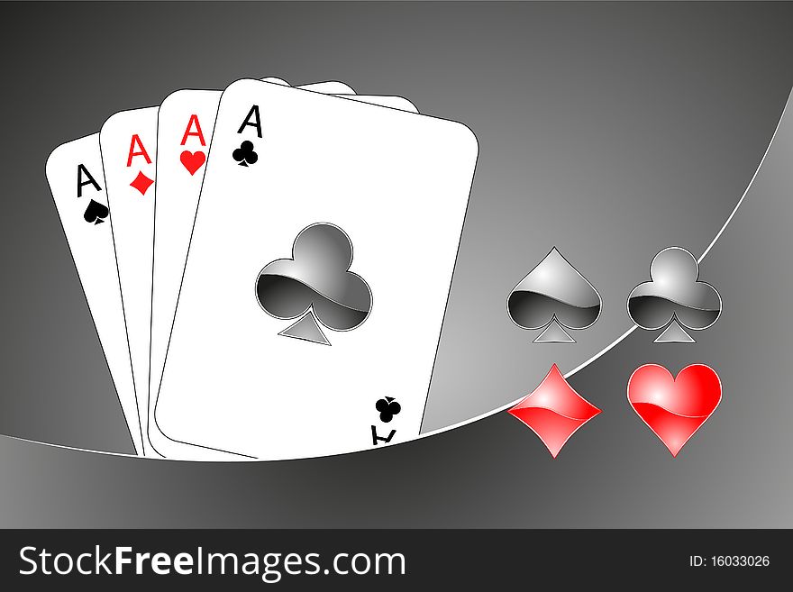 Casino illustration (black and red cards, suits, chips)