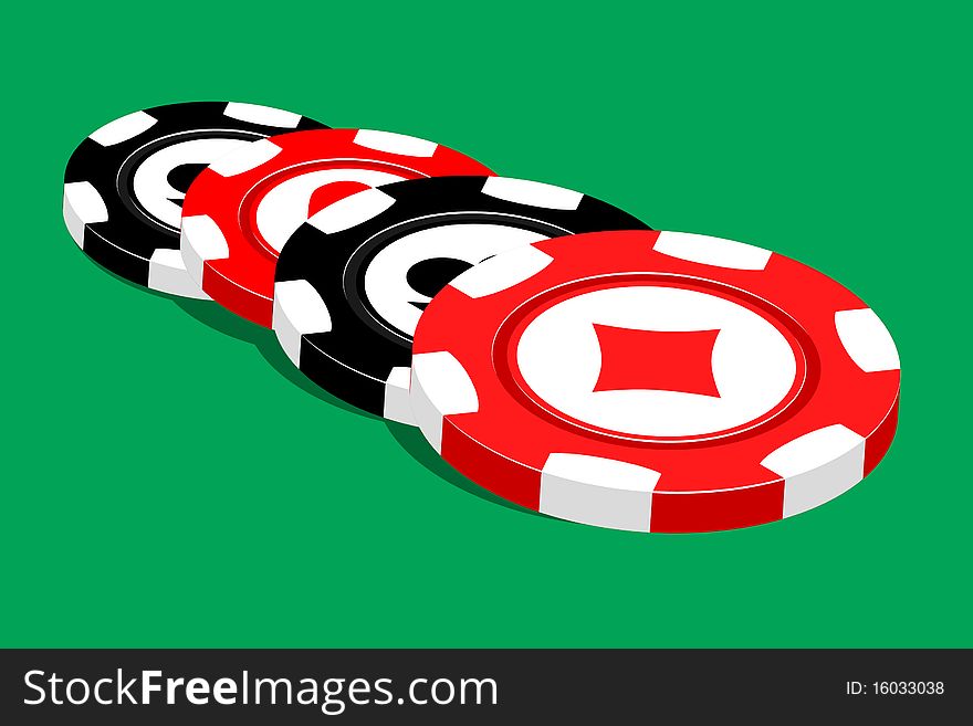 Casino illustration black and red chips on green
