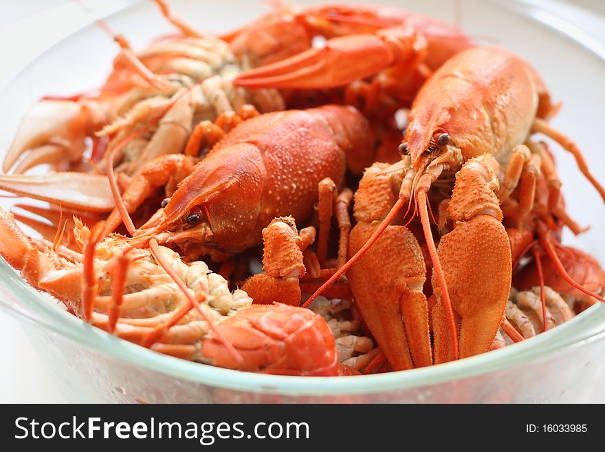 Many Boiled Red Crawfishes On Glass Plate. Tasty S