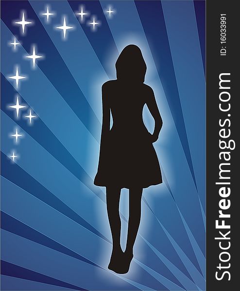 Fashion model silhouette with blue background and shining stars.