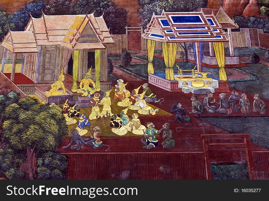 Oil color painting , a story of an angel and Hanuman , at the Temple of the Emerald Buddha , Bangkok ,