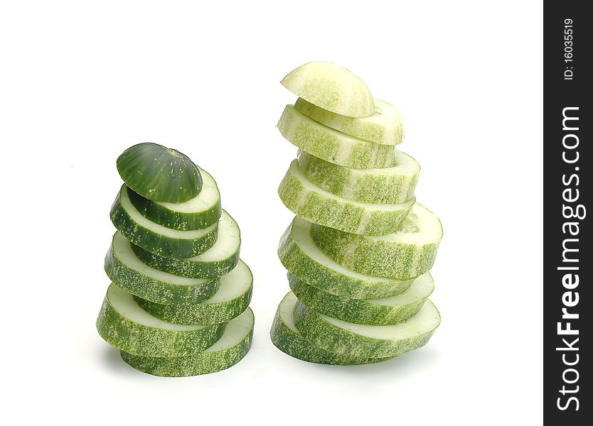 Cucumber slices on white background.