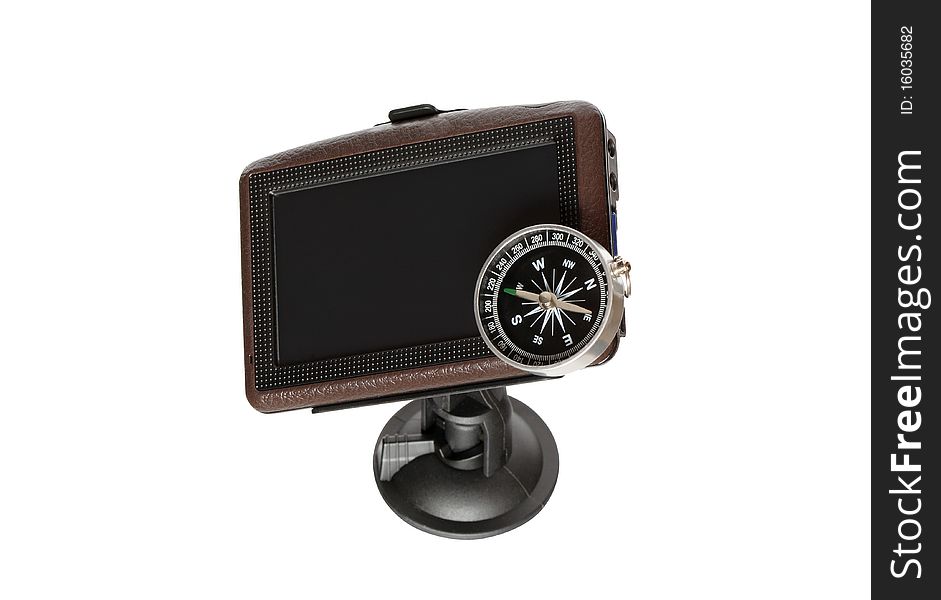 Car navigator and compass isolated on white background with clipping path. Car navigator and compass isolated on white background with clipping path