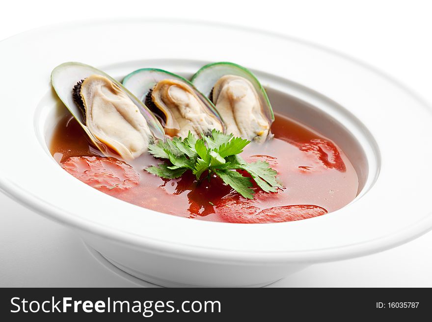 Tomato Soup with Mussels and Herbs