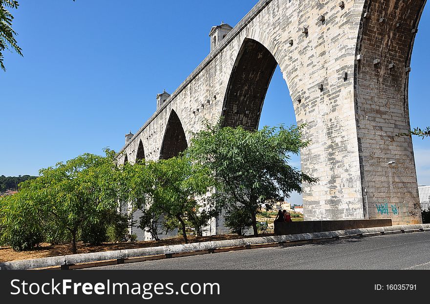 The historic architecture water in Lisbon was built in 18 century, Portugal. The historic architecture water in Lisbon was built in 18 century, Portugal