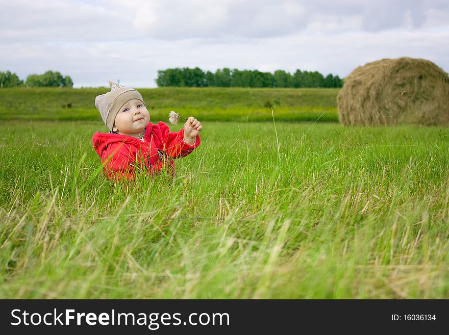 Little girl sitting in field with flower in hand