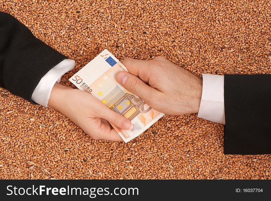The businessman pays delivery of wheat by euro. The businessman pays delivery of wheat by euro