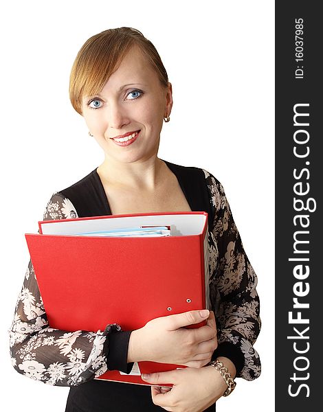 Young smiling woman holds the red folder. Young smiling woman holds the red folder