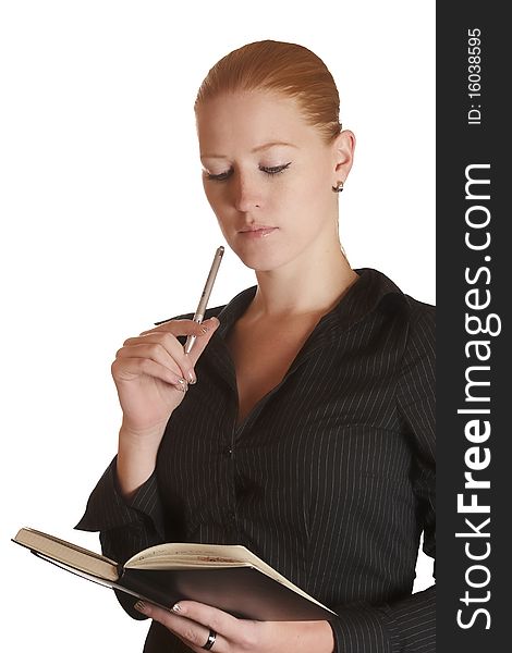 Thinking woman with notebook