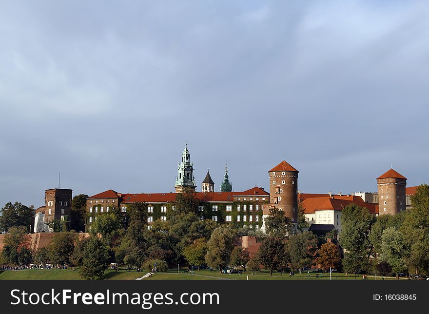 The gothic Wawel Castle and Wawel Cathedral (The Cathedral Basilica of Sts. Stanislaw and Vaclav) - famous folish landmarks on the Wawel Hill in Cracow (Krakow)