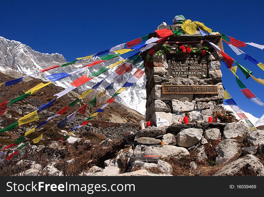 A memorial to the people that lost their lives climbing the peak of Lhotse in the Himalayas, Nepal. A memorial to the people that lost their lives climbing the peak of Lhotse in the Himalayas, Nepal.