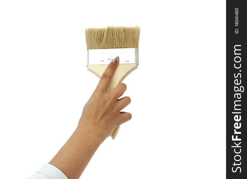 Hand with paintbrush isolated on white background. Hand with paintbrush isolated on white background