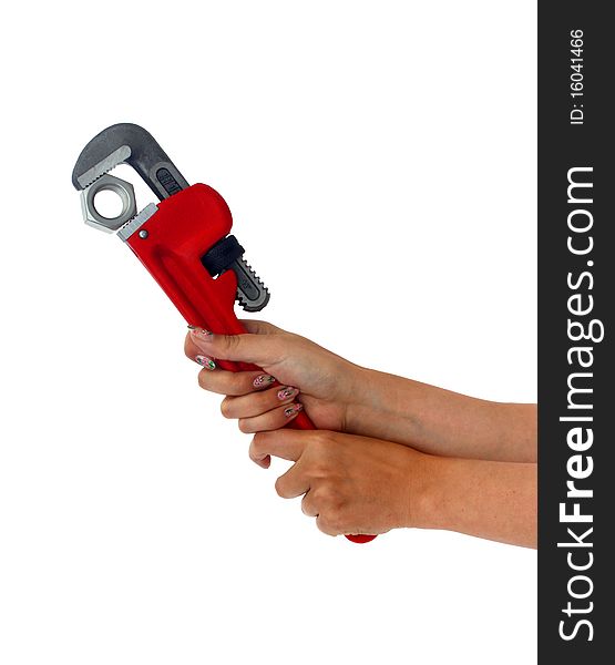 Holding Pipe Wrench in woman Hand Isolated on White. Holding Pipe Wrench in woman Hand Isolated on White