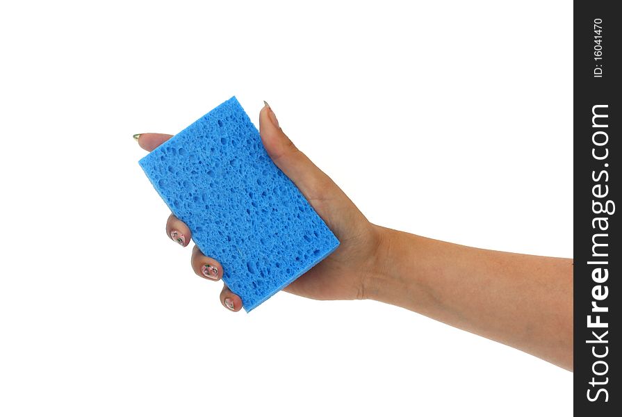 Household sponge in a hand on a white background. Household sponge in a hand on a white background