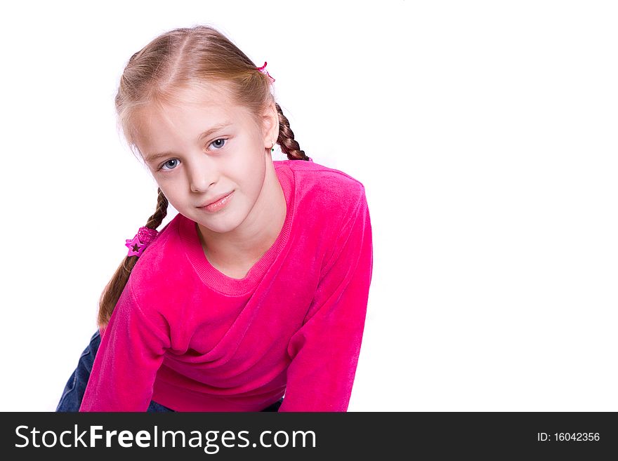 Portrait of a cute little girl on white background ..