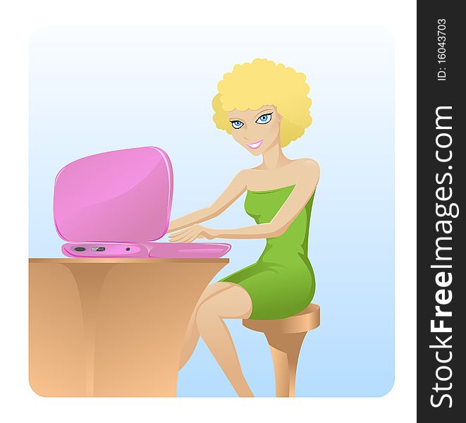 The smiling girl with the laptop. illustration. The smiling girl with the laptop. illustration